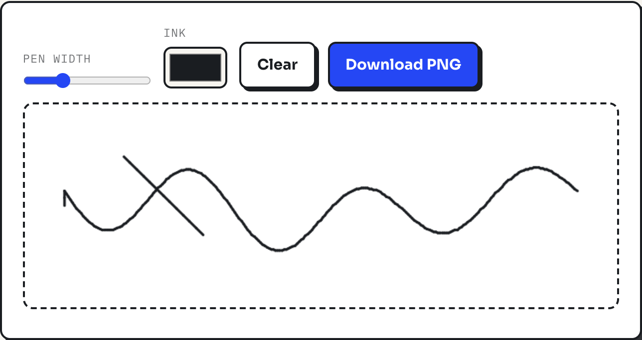 ToolPike signature drawer with a signature drawn on the canvas and the Download PNG button enabled