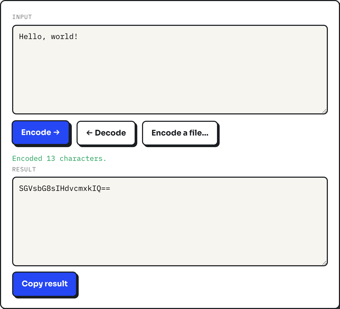 ToolPike Base64 tool with Hello, world! encoded to SGVsbG8sIHdvcmxkIQ==