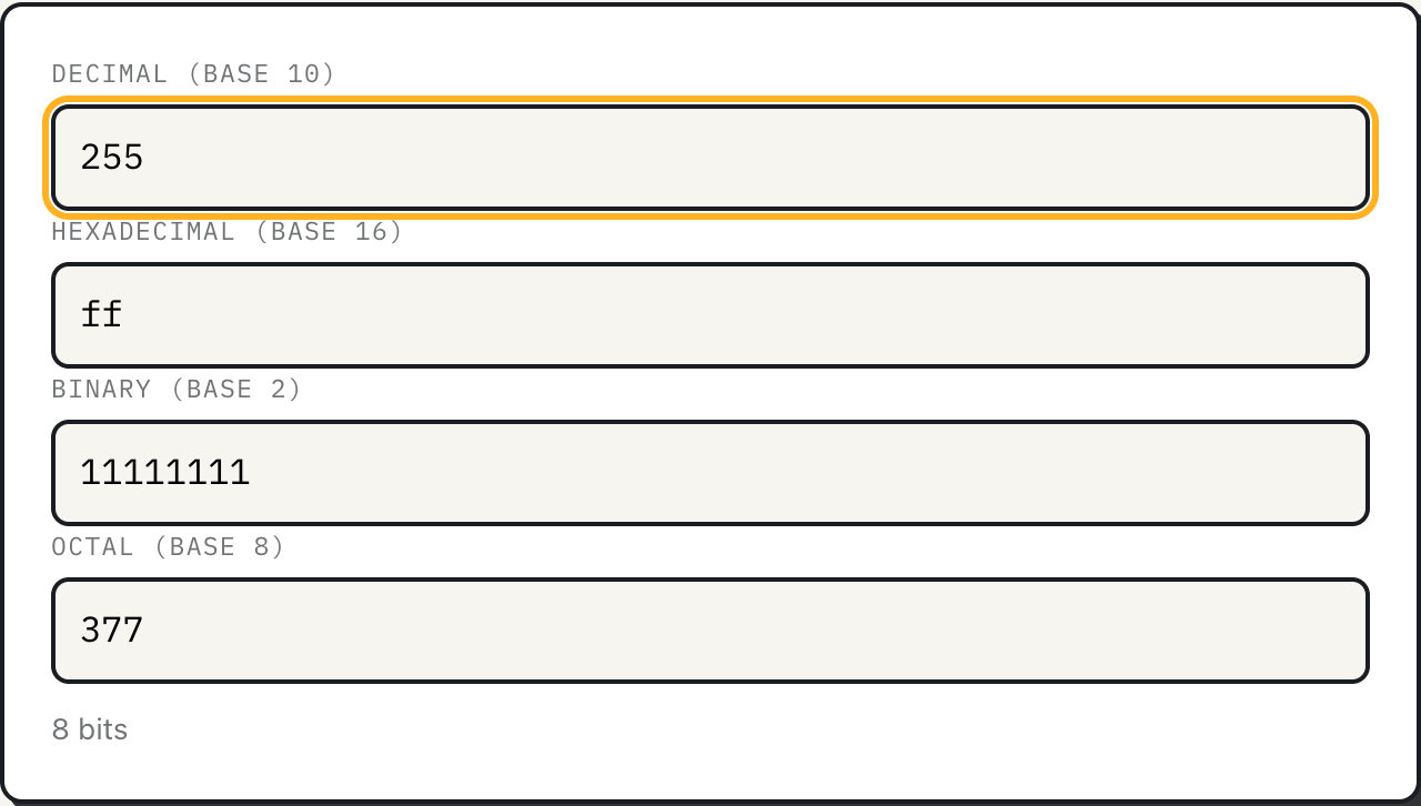 ToolPike base converter showing decimal 255 as hex ff, binary 11111111, and octal 377, with an 8 bit reading