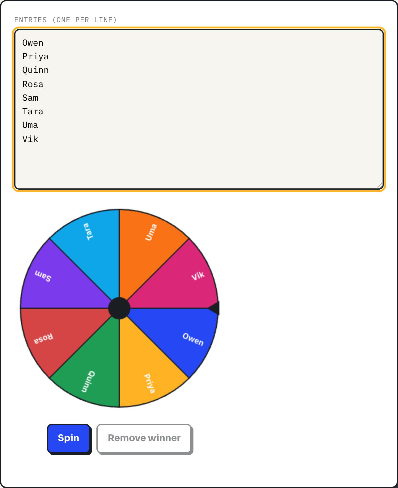 ToolPike wheel spinner showing eight equal colored segments labeled with typed names, before the wheel has been spun