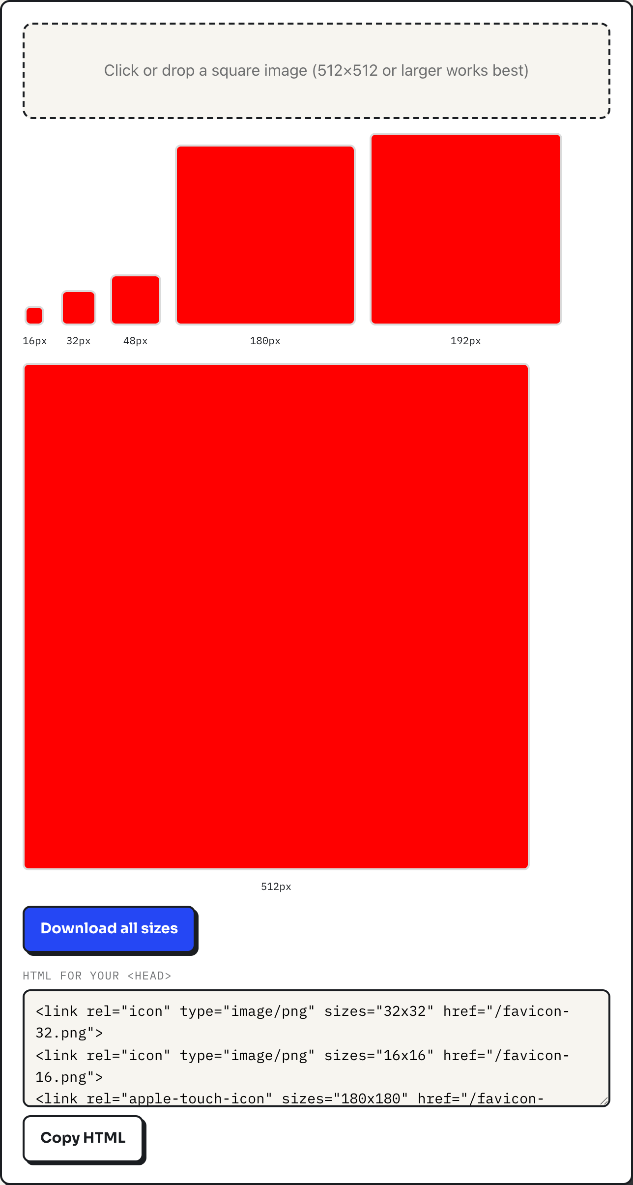 ToolPike favicon generator showing six red preview squares labeled 16px through 512px after loading a solid red test image