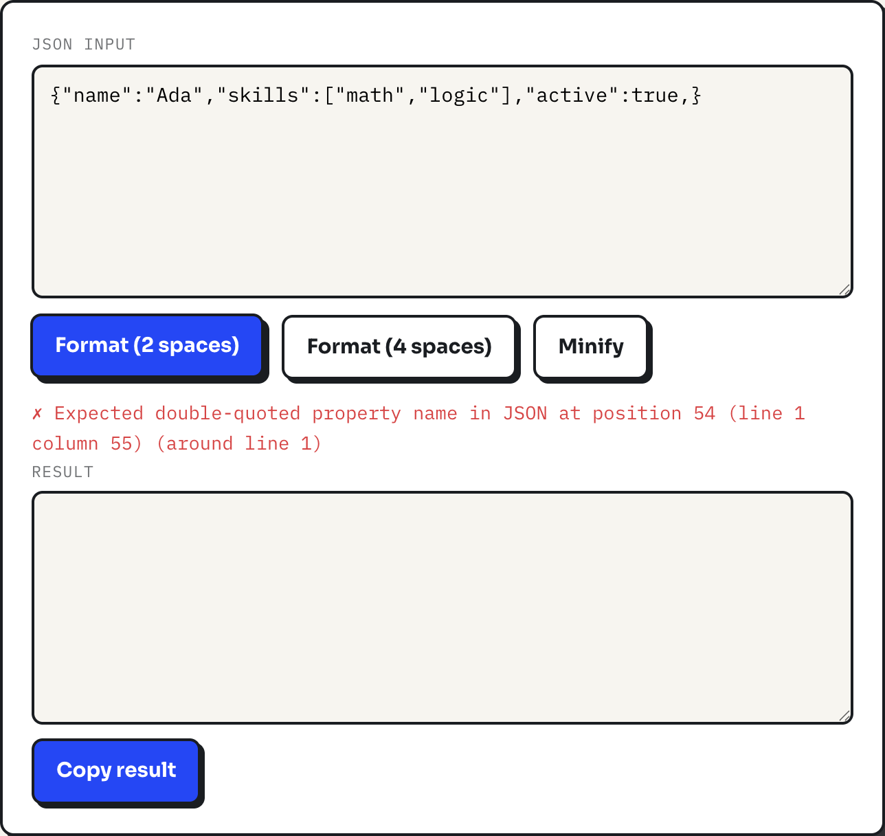 ToolPike JSON formatter showing a red error line after a trailing comma was added before a closing brace