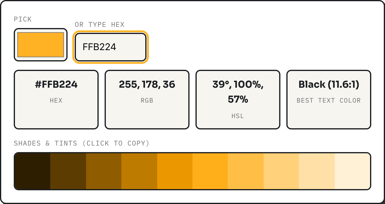 ToolPike color picker showing amber FFB224 converted to RGB 255, 178, 36 and HSL 39 degrees, 100%, 57%, with black recommended text at 11.6 to 1 contrast