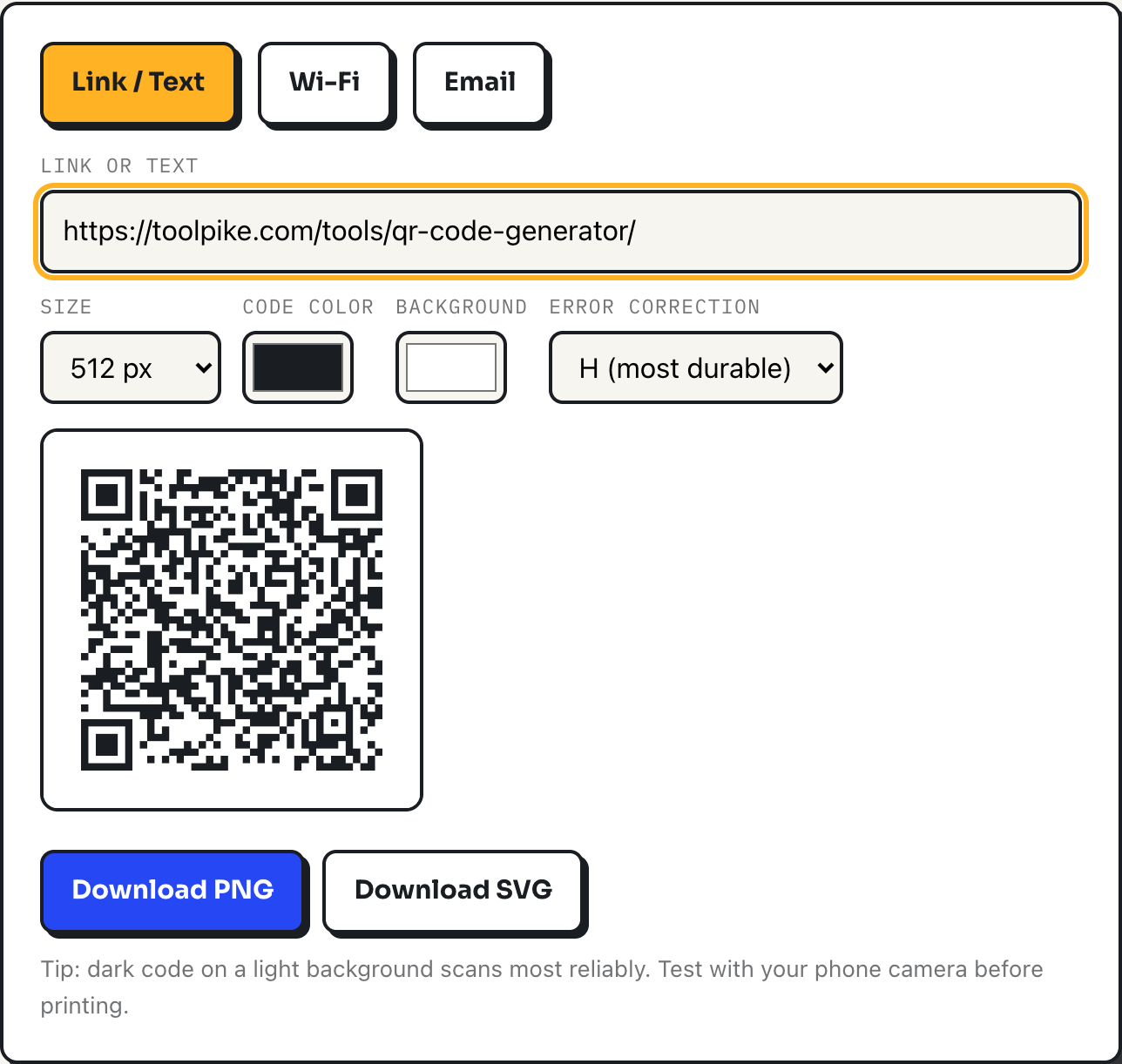 ToolPike QR code generator showing a dense H-level QR code for a URL next to the size and error-correction controls