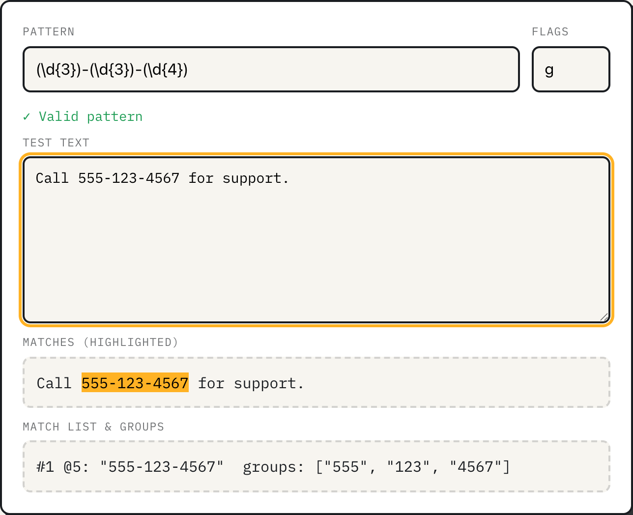 ToolPike regex tester matching a phone number pattern against sample text, with the match highlighted and its three capture groups listed