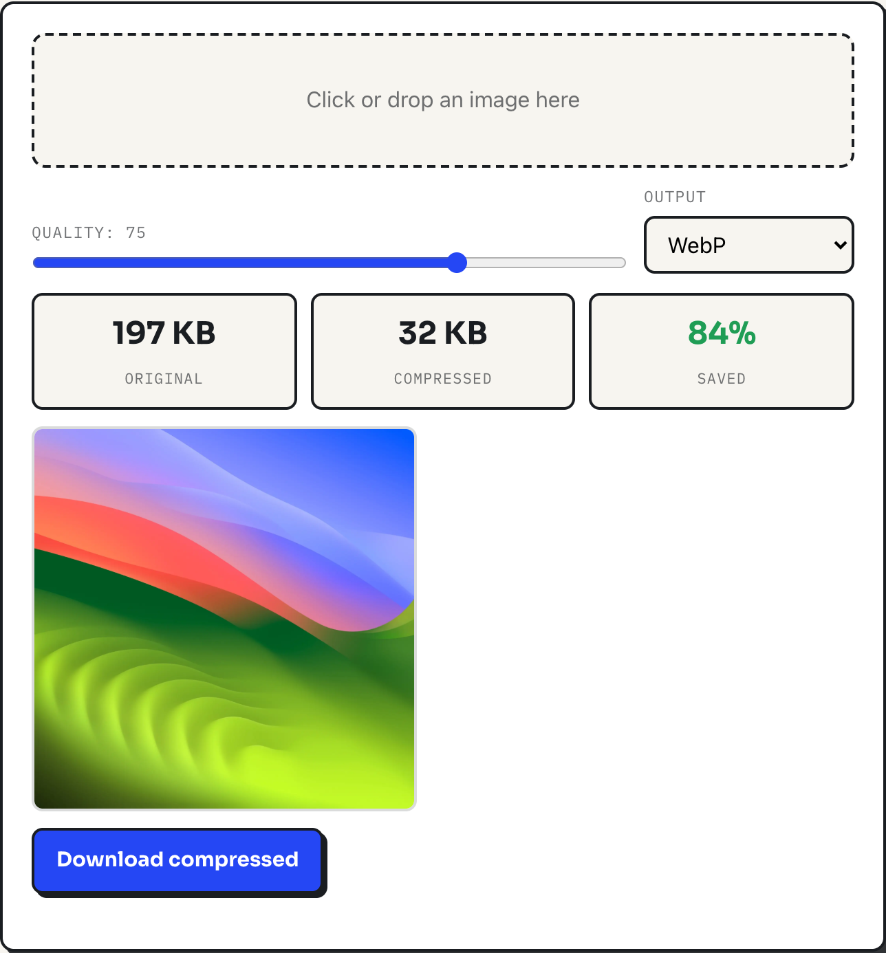 ToolPike image compressor showing a resized 197 KB JPEG photo compressed to 32 KB WebP, an 84 percent size reduction