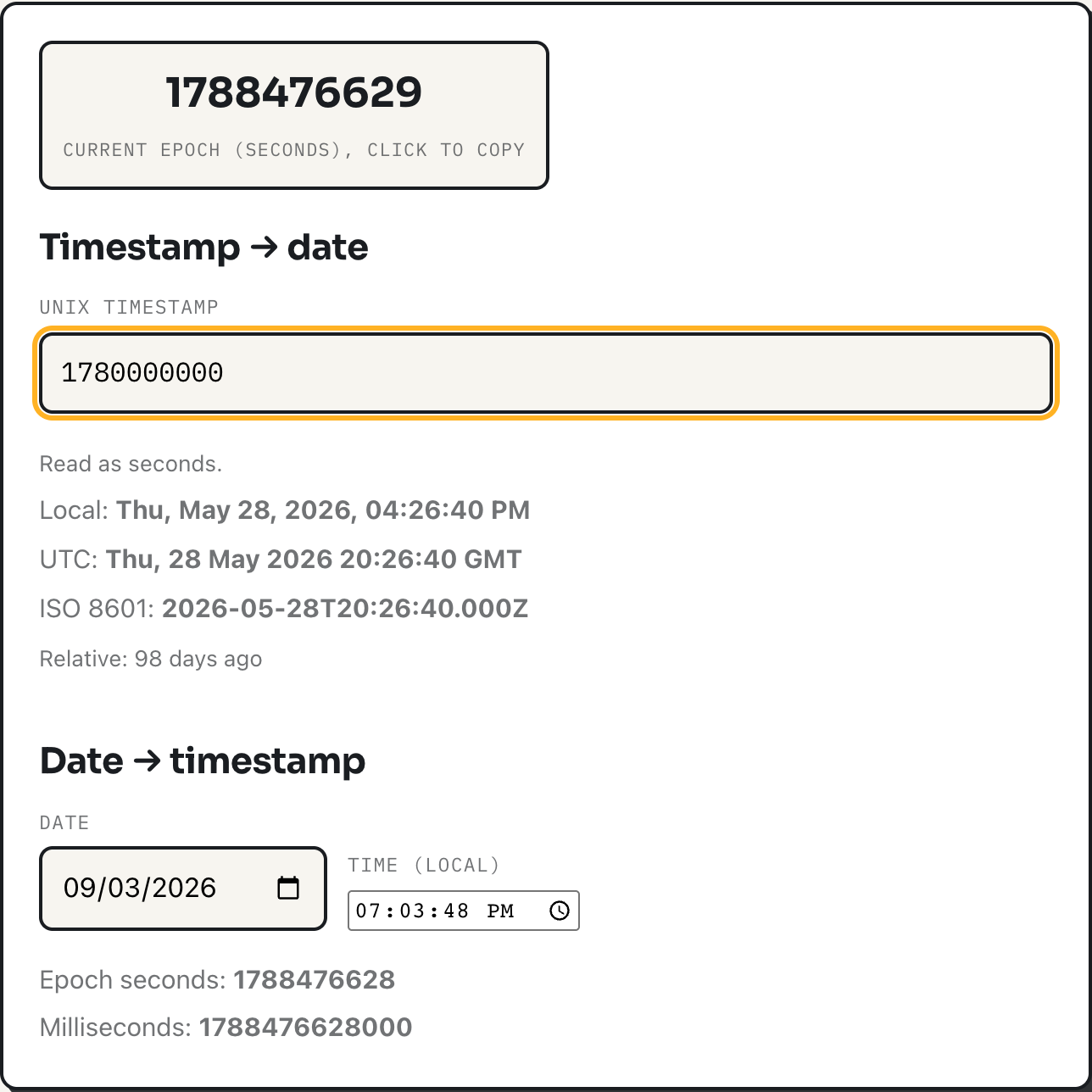 ToolPike timestamp converter showing 1780000000 read as seconds, with the UTC line reading Thu, 28 May 2026 20:26:40 GMT