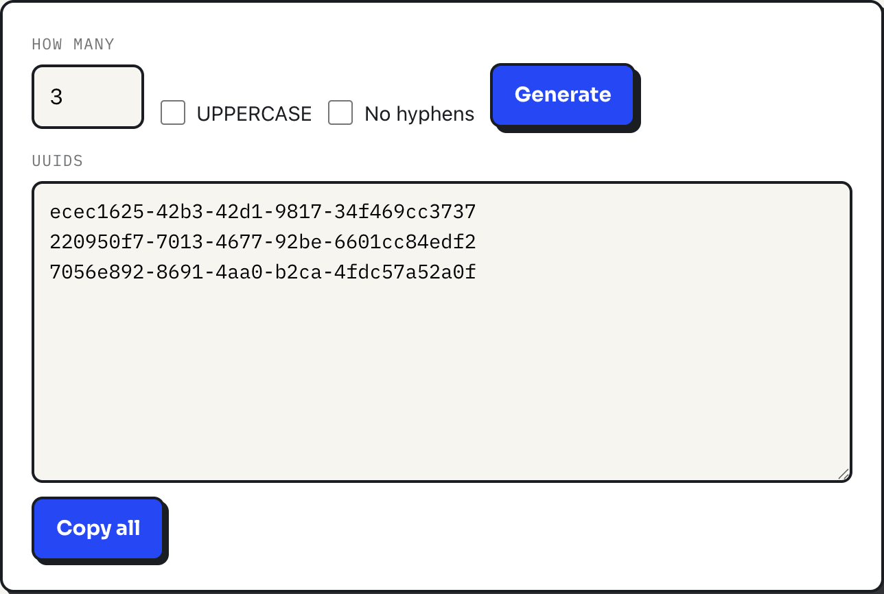 ToolPike UUID generator showing three generated version 4 UUIDs with the version and variant digits visible