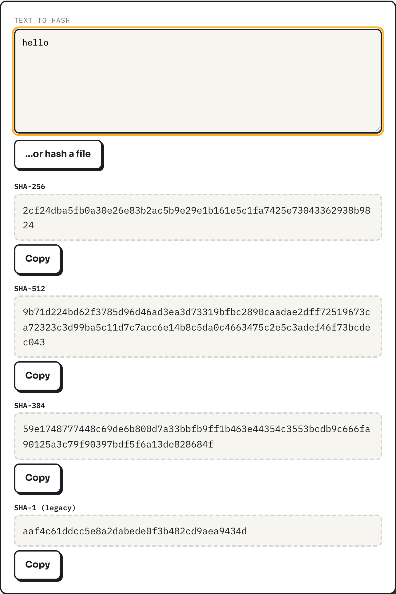 ToolPike hash generator with the text hello entered, showing the SHA-256 digest 2cf24dba5fb0a30e26e83b2ac5b9e29e1b161e5c1fa7425e73043362938b9824