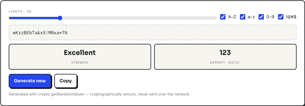 ToolPike password generator showing a random 20-character password rated Excellent at 123 bits of entropy