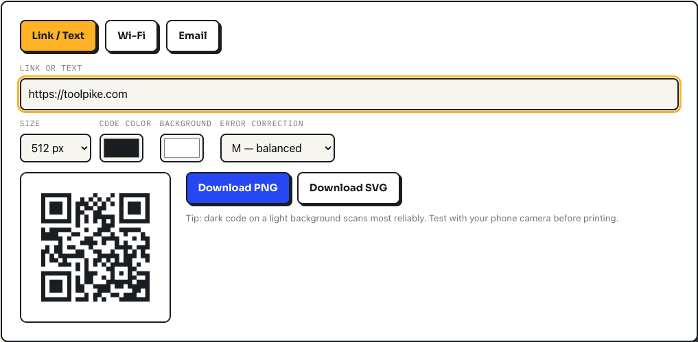 ToolPike QR code generator showing a generated, scannable QR code for a URL with size, color, and error-correction controls