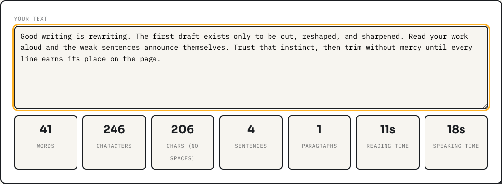 ToolPike word counter showing live word, character, sentence, and reading-time statistics for a sample paragraph